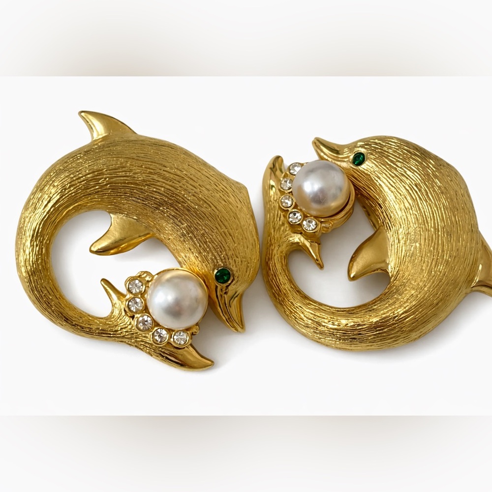 Vintage CRAFT Gold Dolphin Clip Earrings Pearl Rhinestone Statement